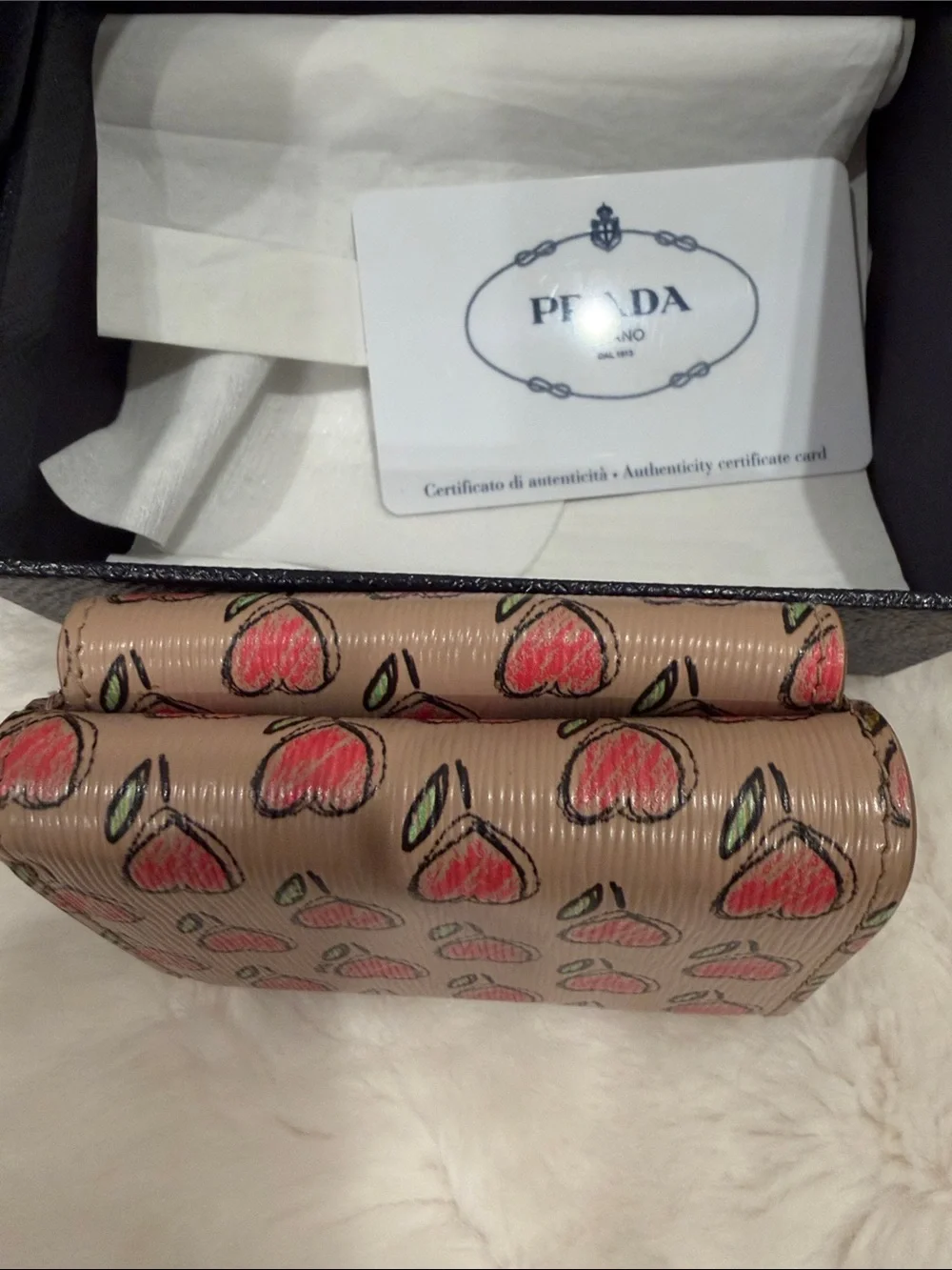 Prada Beige Leather Heart-Print small wallet Gold Logo Authentic card org box!
